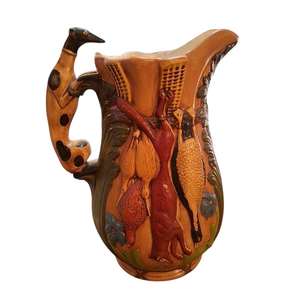 VTG Majolica English Hunting Greyhound Dog Handle Pheasant Fox Animals Pitcher